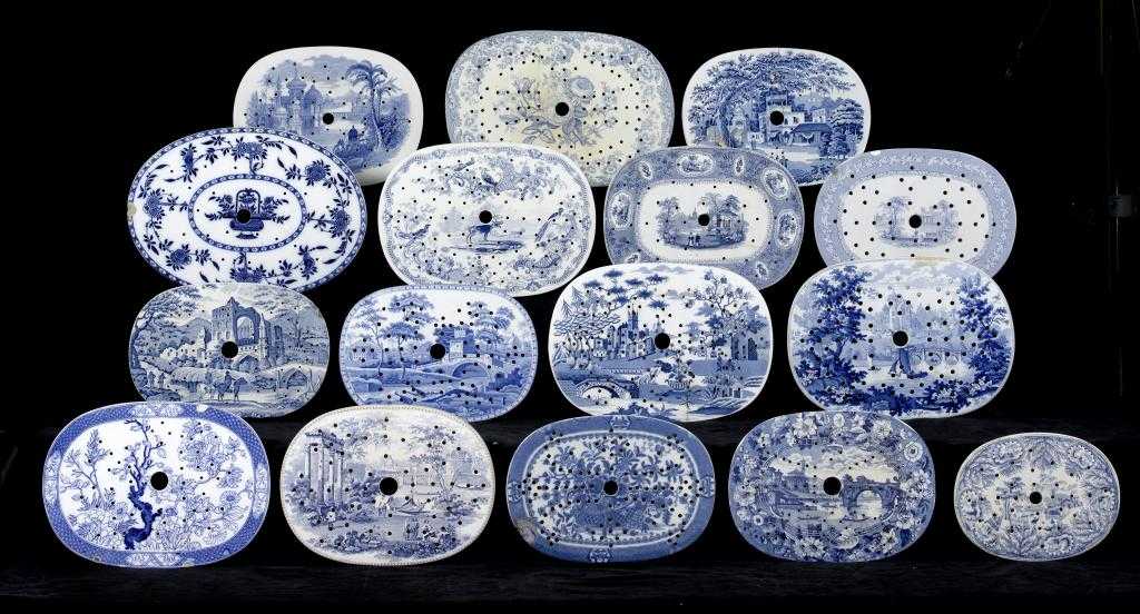 Appraisal: SIXTEEN BLUE PRINTED EARTHENWARE DRAINERS including Spode Tower and Gothic