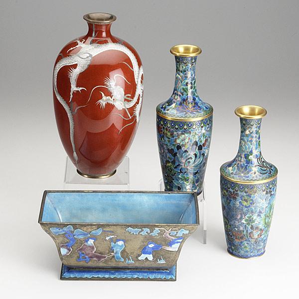 Appraisal: CLOISONNE GROUPING Four pieces include serpent vase pair of blue