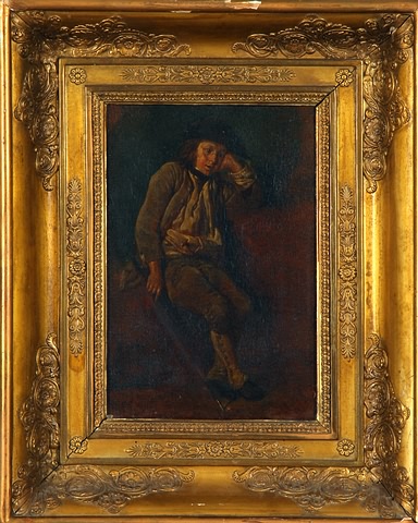 Appraisal: Le Jeune Montagnard young boy holding a walking stick oil