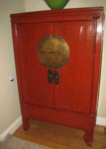 Appraisal: Antique Chinese Red Lacquer Two Door Cabinet with Decorative Scenes