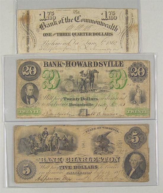 Appraisal: Three Bank Notes Note from Bank of Charleston Virginia dated