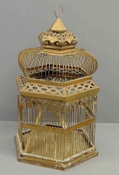 Appraisal: - Victorian style brass wire and decorated birdcage with wood