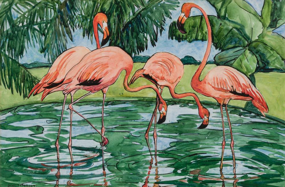 Appraisal: JANE PETERSON American - Flamingos watercolor gouache and pencil on