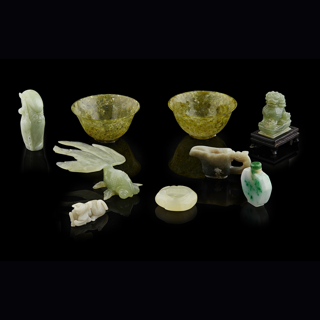 Appraisal: GROUP OF NINE HARDSTONE CARVINGS comprising a libation cup a