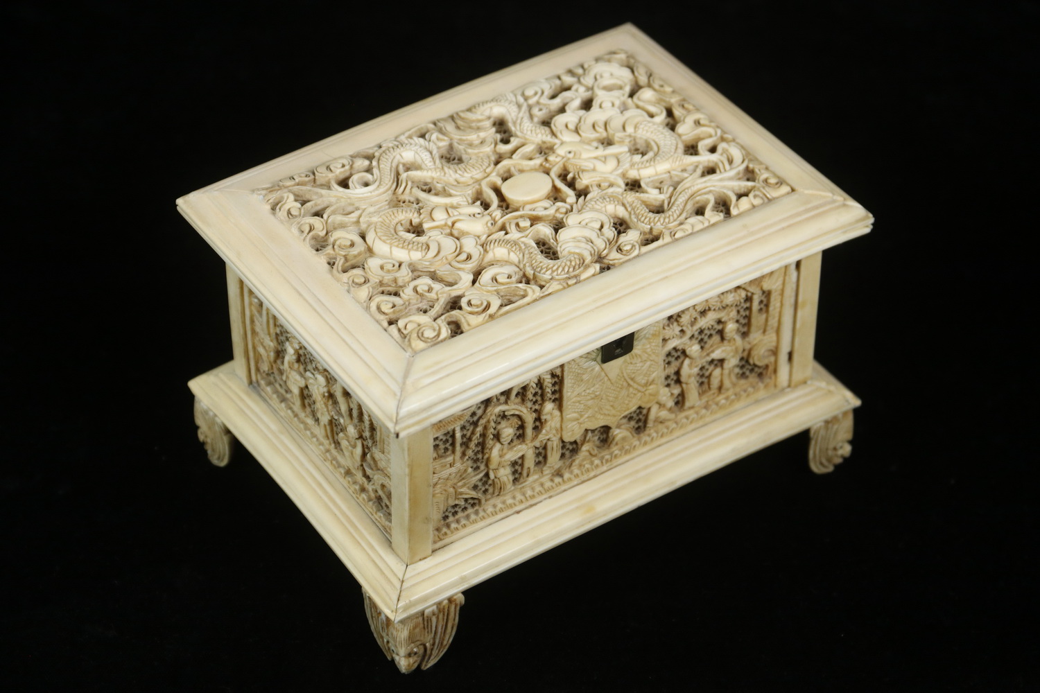 Appraisal: TH C CHINESE IVORY CRICKET BOX Finely Carved and reticulated