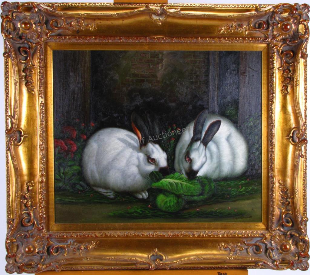 Appraisal: A decorator oil painting signed by David Burton depicting rabbits