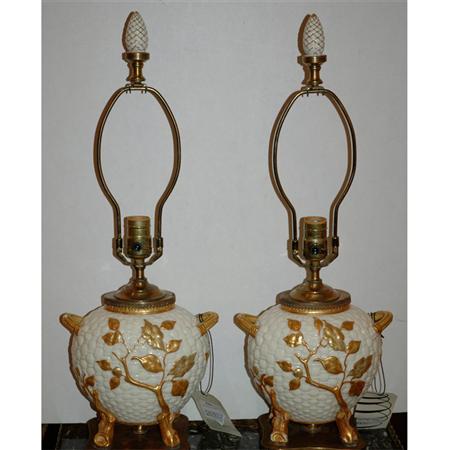 Appraisal: Pair of Royal Worcester Style Gilt Decorated Porcelain Lamps Estimate