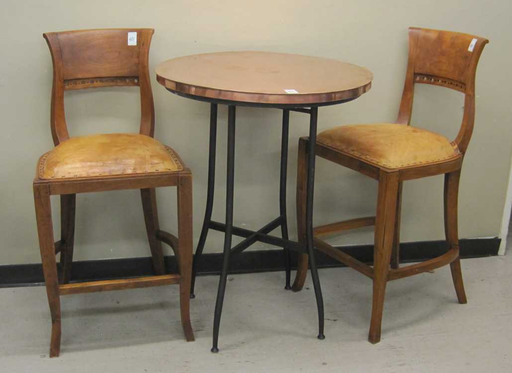 Appraisal: THREE-PIECE CAFE TABLE AND CHAIR GROUP round copper-top cafe table