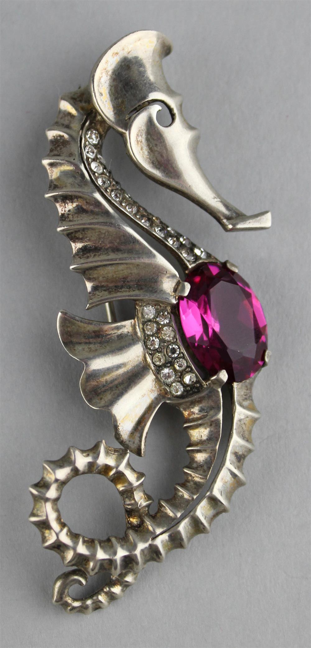 Appraisal: CORO STERLING SEAHORSE WITH FACETED RED RHINESTONE in