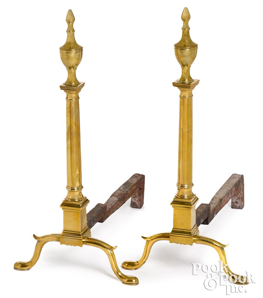 Appraisal: Pair of Philadelphia tall brass andirons Pair of Philadelphia tall