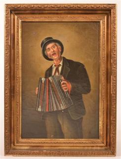 Appraisal: Oil on Canvas Painting Man Playing Accordion th Century Oil