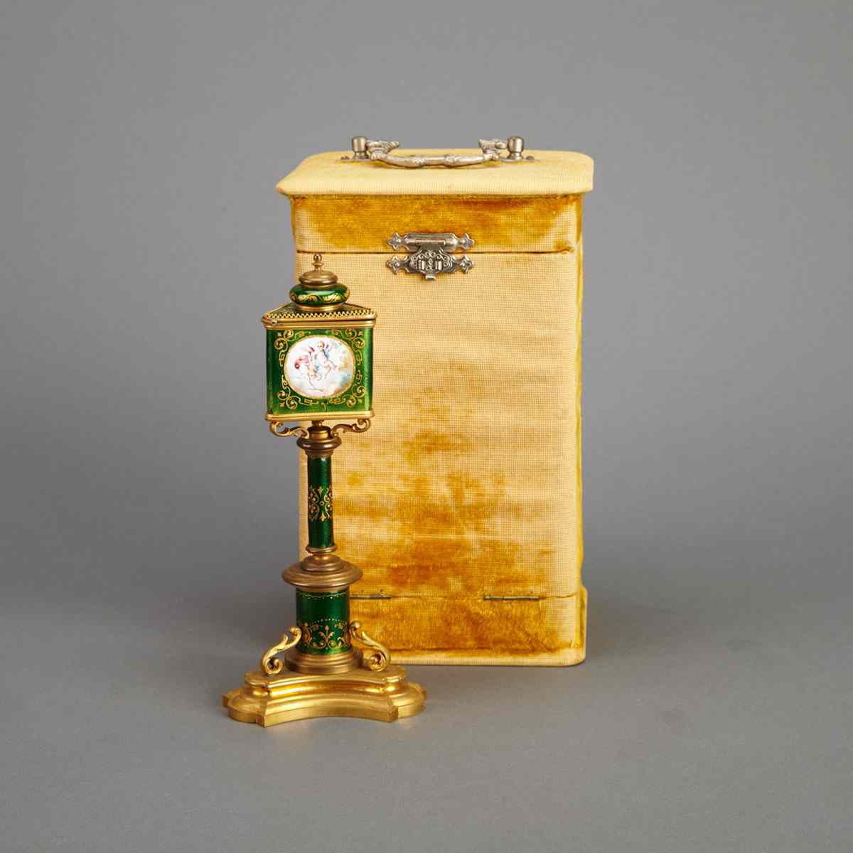 Appraisal: Miniature Swiss Gilt Bronze and Enamelled Copper Street Lamp Clock