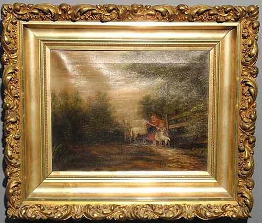 Appraisal: Continental oil on canvas landscape painting of children petting sheep