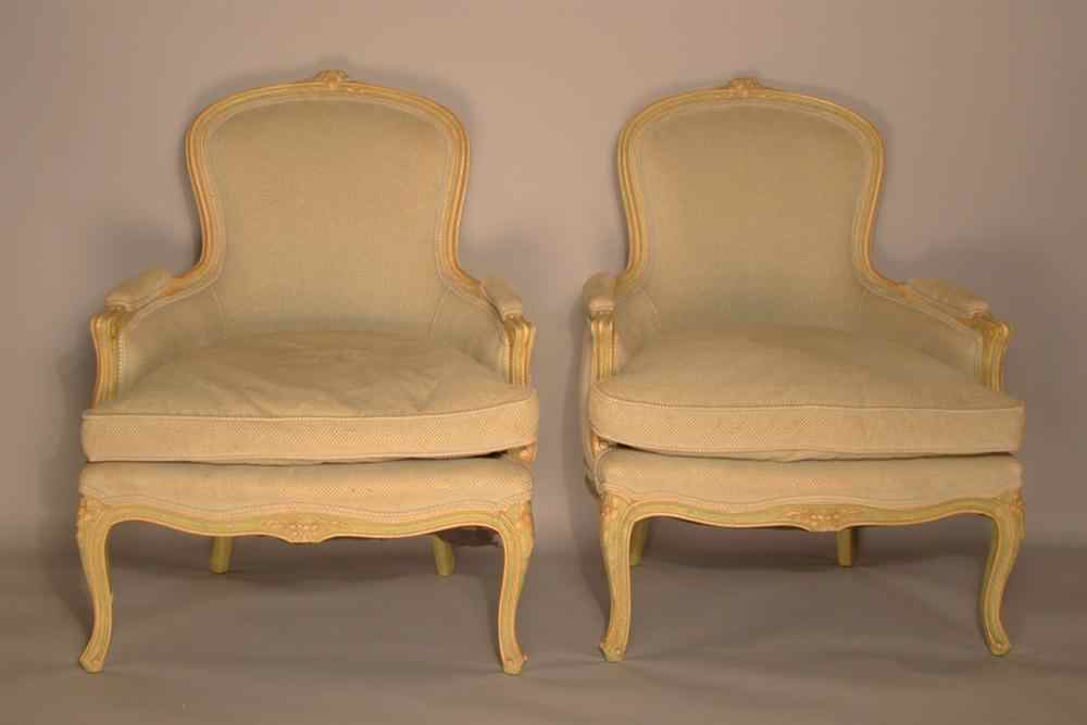 Appraisal: PAIR OF LOUIS XV STYLE GREEN AND WHITE PAINTED BERGERES