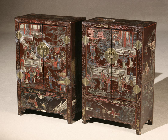 Appraisal: Pair of Chinese Polychrome Brown Coromandel Side Cabinets th Century