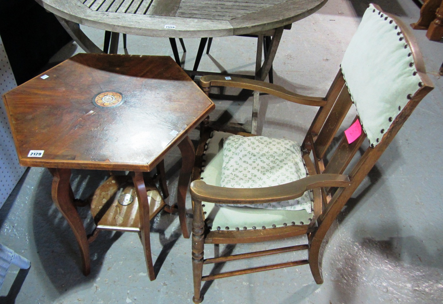 Appraisal: An Edwardian inlaid open armchair together with an inlaid occasional