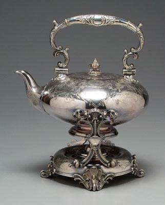 Appraisal: Silver plated hot water kettle round body with scroll handle