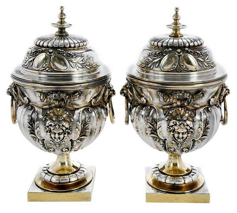 Appraisal: Pair of Leopold Oudry Silver-Plate Covered Urns French late th