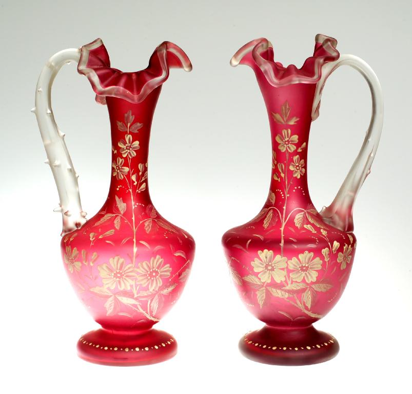 Appraisal: PAIR OF VICTORIAN FROSTED CRANBERRY GLASS JUGS each of flask