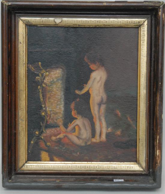 Appraisal: OIL ON PAPERBOARD Two nude children at fire warming hands