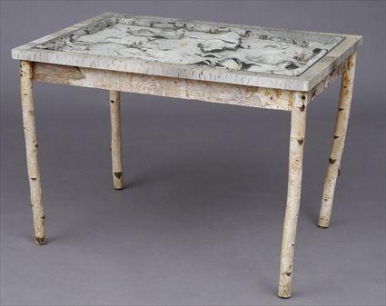 Appraisal: MICHELLE OKA-DONER CENTER TABLE BIRCH BARK FAUX BOIS GLASS x