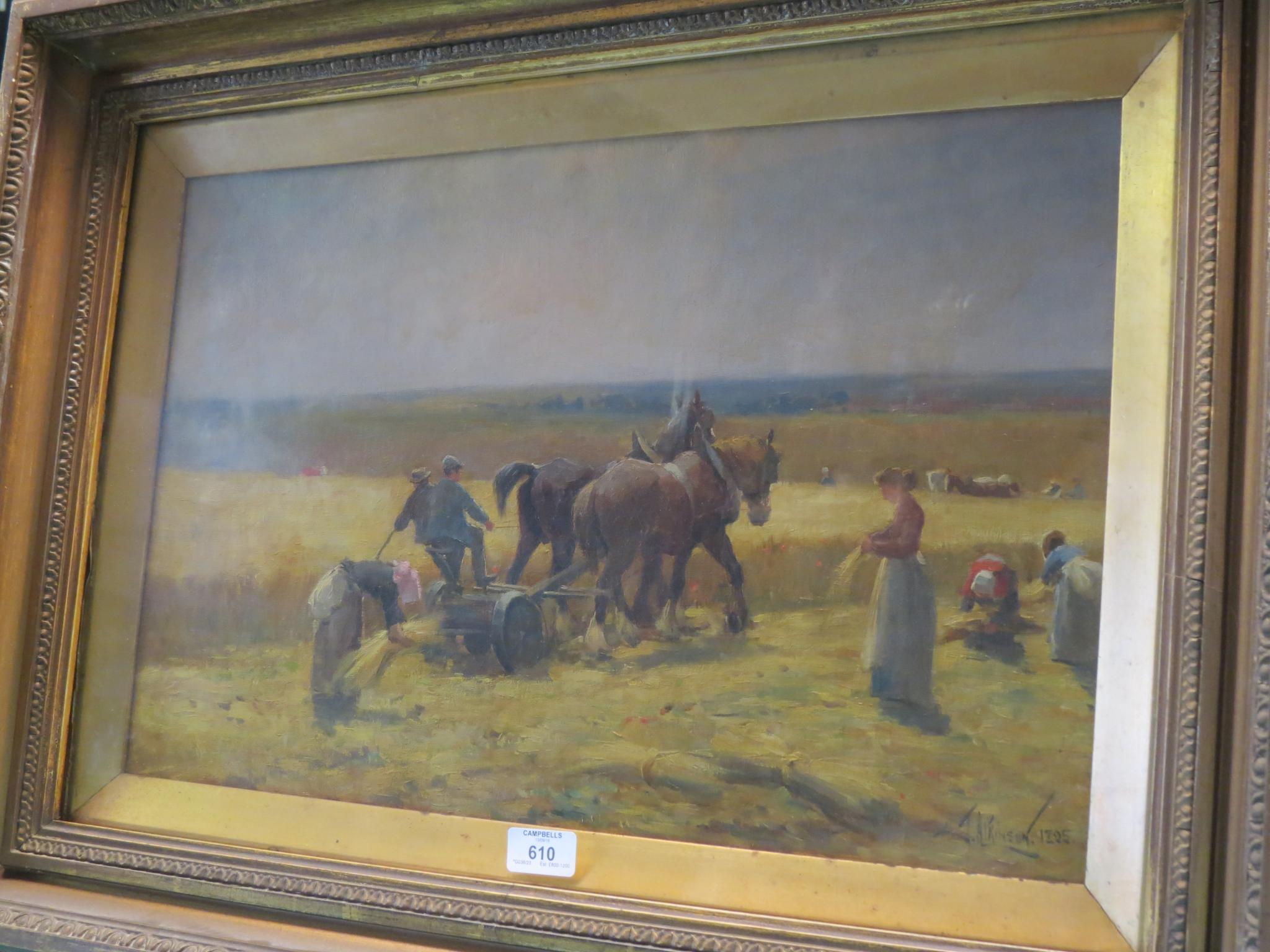 Appraisal: J Atkinson - - oil on canvas summer harvesting signed