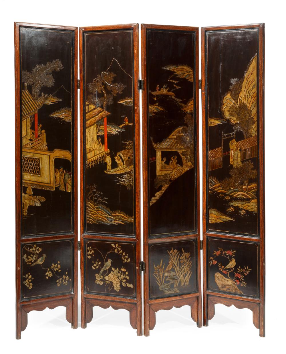 Appraisal: Pair of Chinese Carved and Painted Lacquer Four Panel Screens