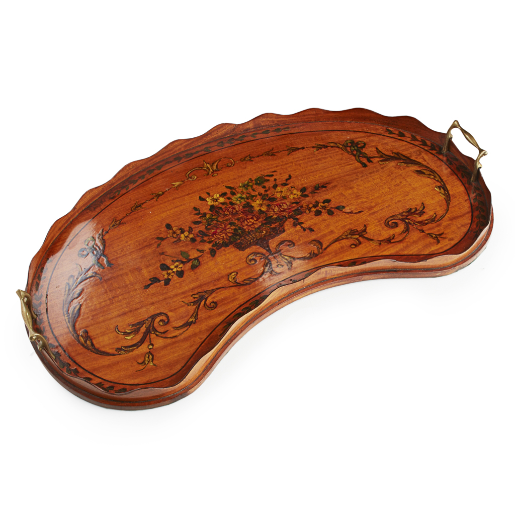 Appraisal: EDWARDIAN PAINTED SATINWOOD TRAY EARLY TH CENTURY of kidney shape