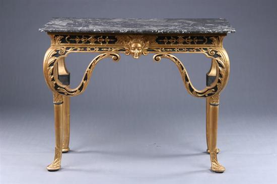 Appraisal: NEOCLASSICAL STYLE MARBLE-TOP CONSOLE th century ebonized and parcel gilt