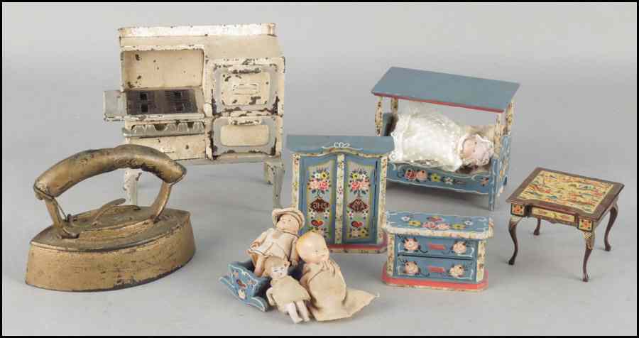 Appraisal: GERMAN PAINTED DOLL FURNITURE Comprising a canopy bed cradle and