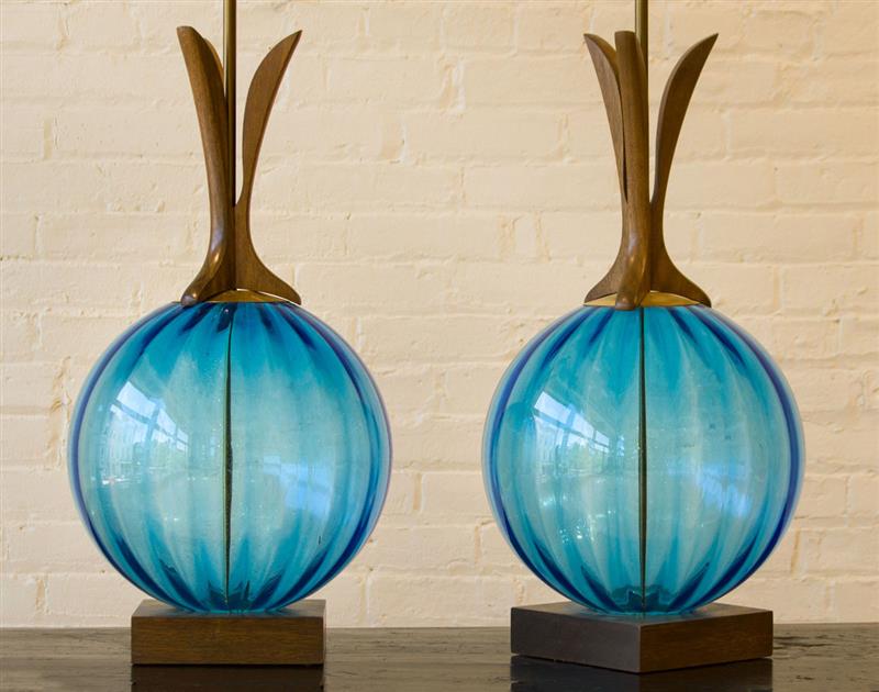 Appraisal: PAIR OF BLUE GLASS TABLE LAMPS MODERN in to socket