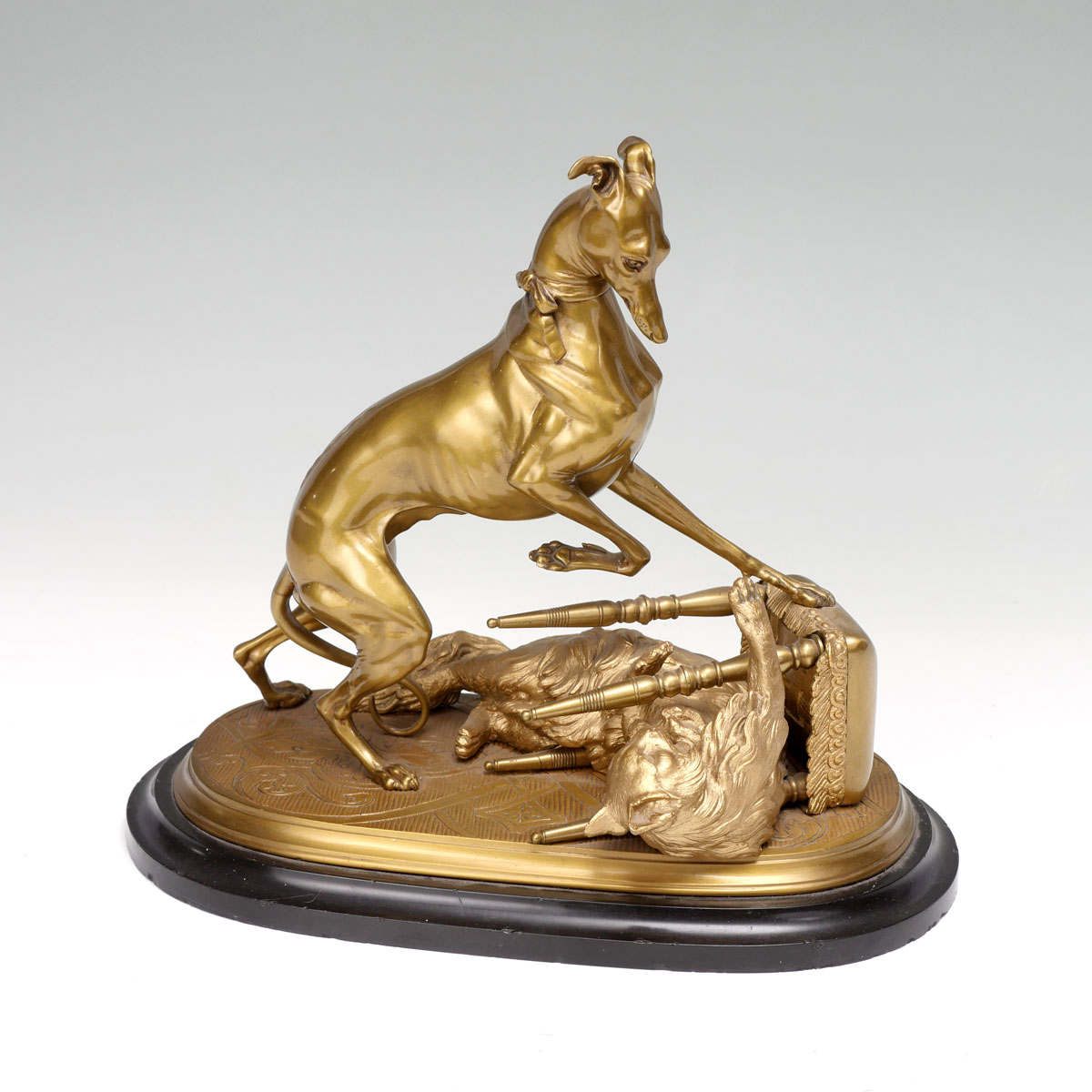 Appraisal: BRONZE WHIPPET AND KITTEN ARTHUR WAAGEN Animals at play unsigned