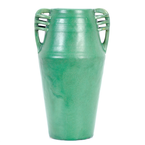 Appraisal: WELLER Rare Matt Green architectural-form vase with buttressed handles the