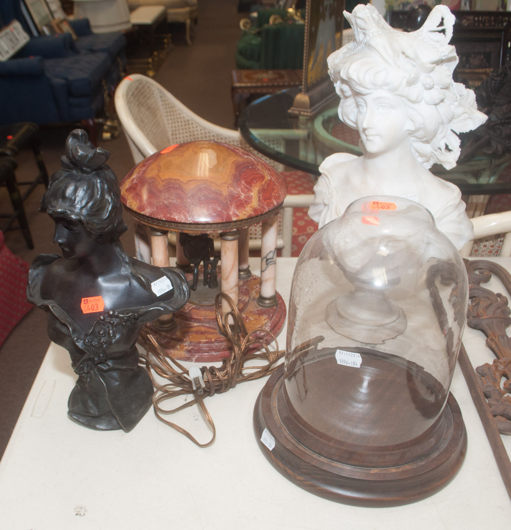 Appraisal: Assortment of decorative items including two female busts marble table