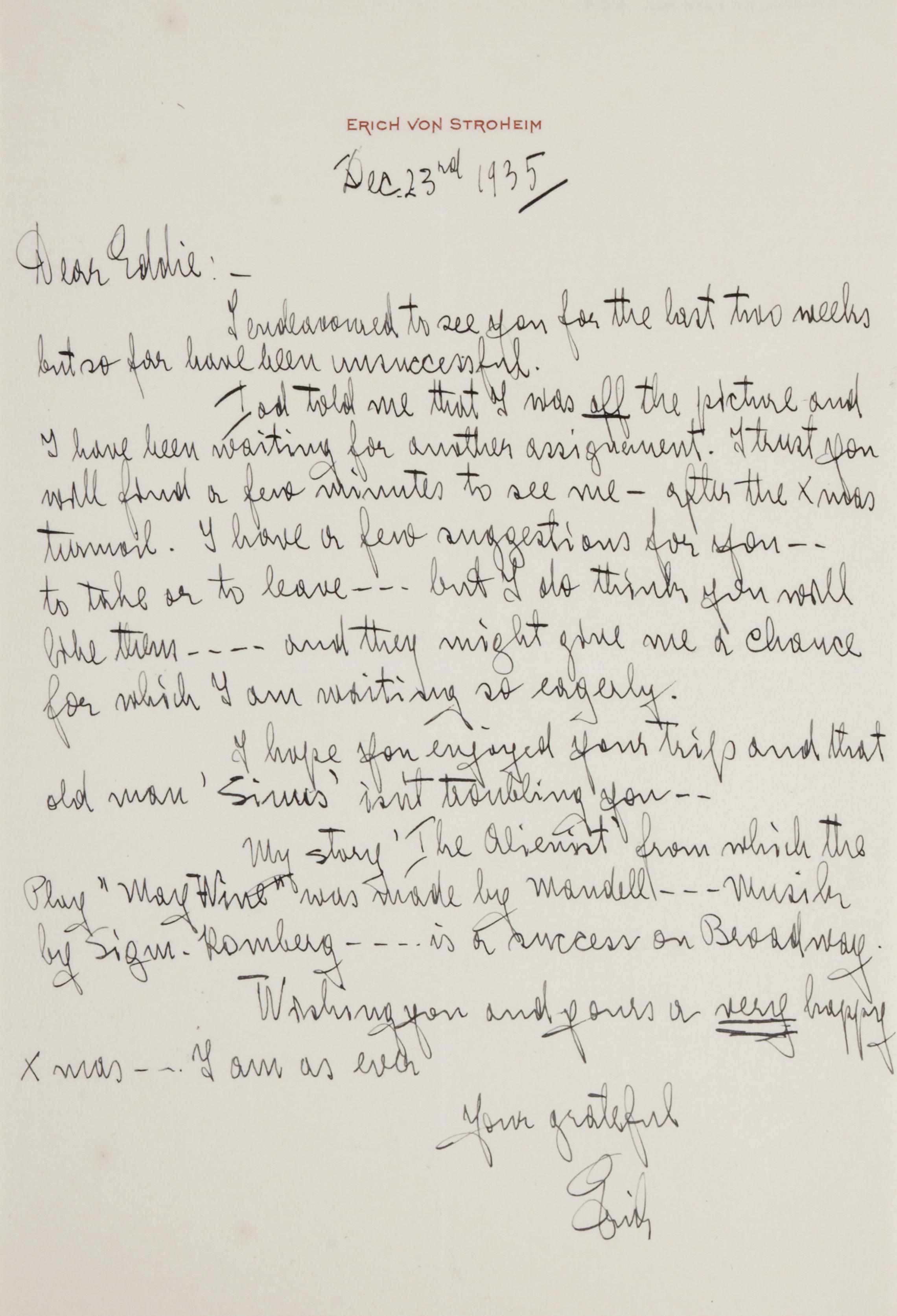 Appraisal: STROHEIM ERICH VON - Autograph Letter Signed ''Erich v Stroheim''