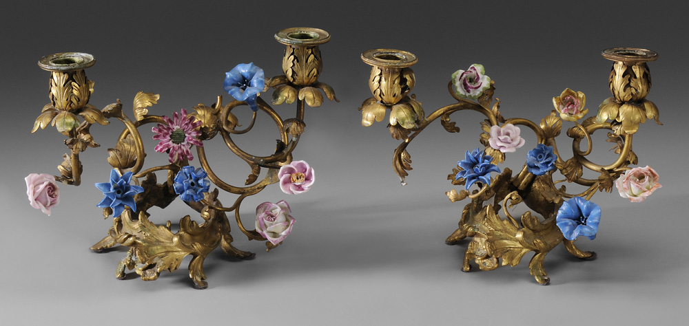 Appraisal: Pair Bronze Dor Porcelain Candelabra French late th century rococo