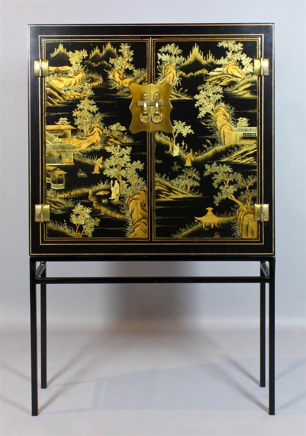 Appraisal: ASIAN STYLE EBONIZED AND GILT DECORATED CABINET ON METAL STAND