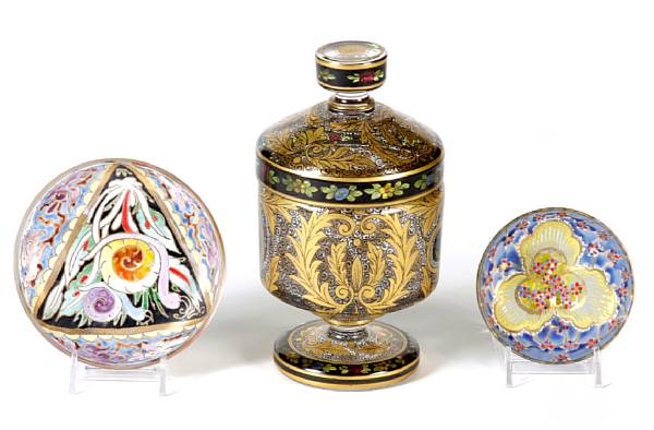 Appraisal: A Continental enameled and gilt decorated footed glass jar with