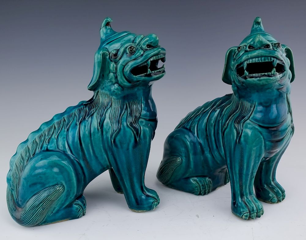 Appraisal: Pair VTG Chinese Export Blue Pottery Art Foo Dogs Pair