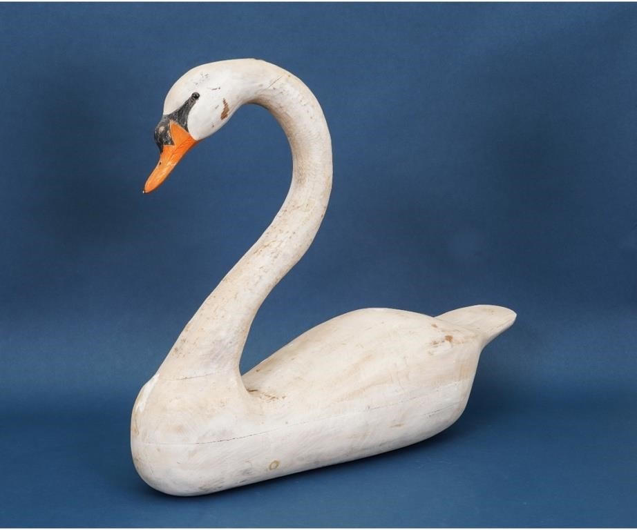 Appraisal: Large pine carved and painted mute swan signed Beach Haven