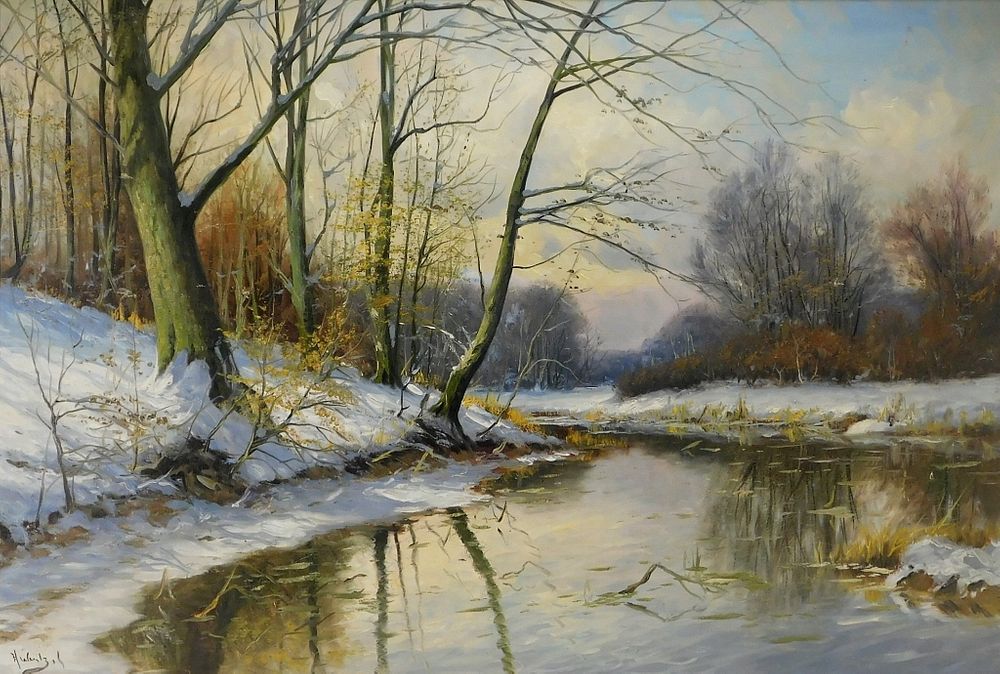 Appraisal: Impressionist Winter River Landscape Painting United States th Century Tall