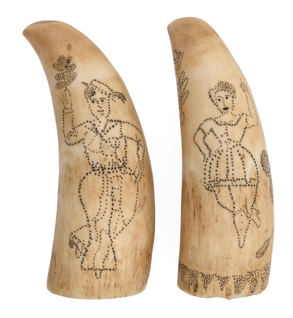 Appraisal: PAIR OF PINPOINT SCRIMSHAW WHALE'S TEETH MID- TH CENTURY LENGTHS