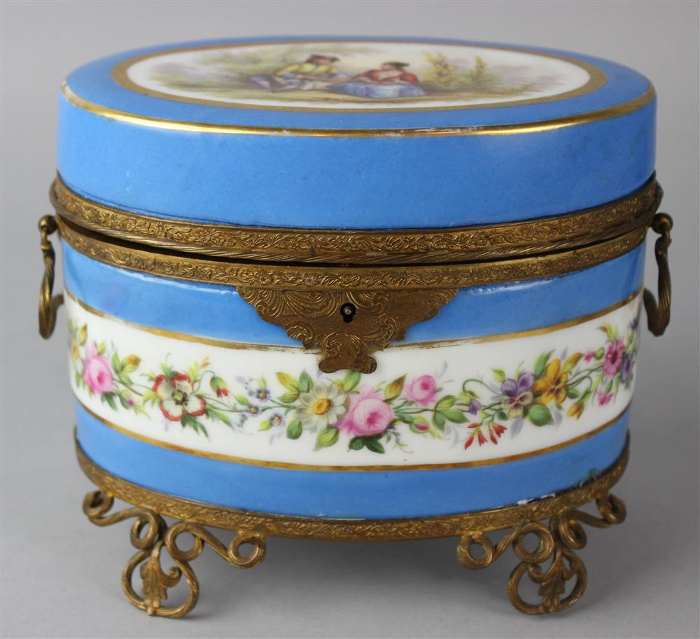 Appraisal: GILT METAL MOUNTED SEVRES STYLE TURQUOISE GROUND OVAL BOX the