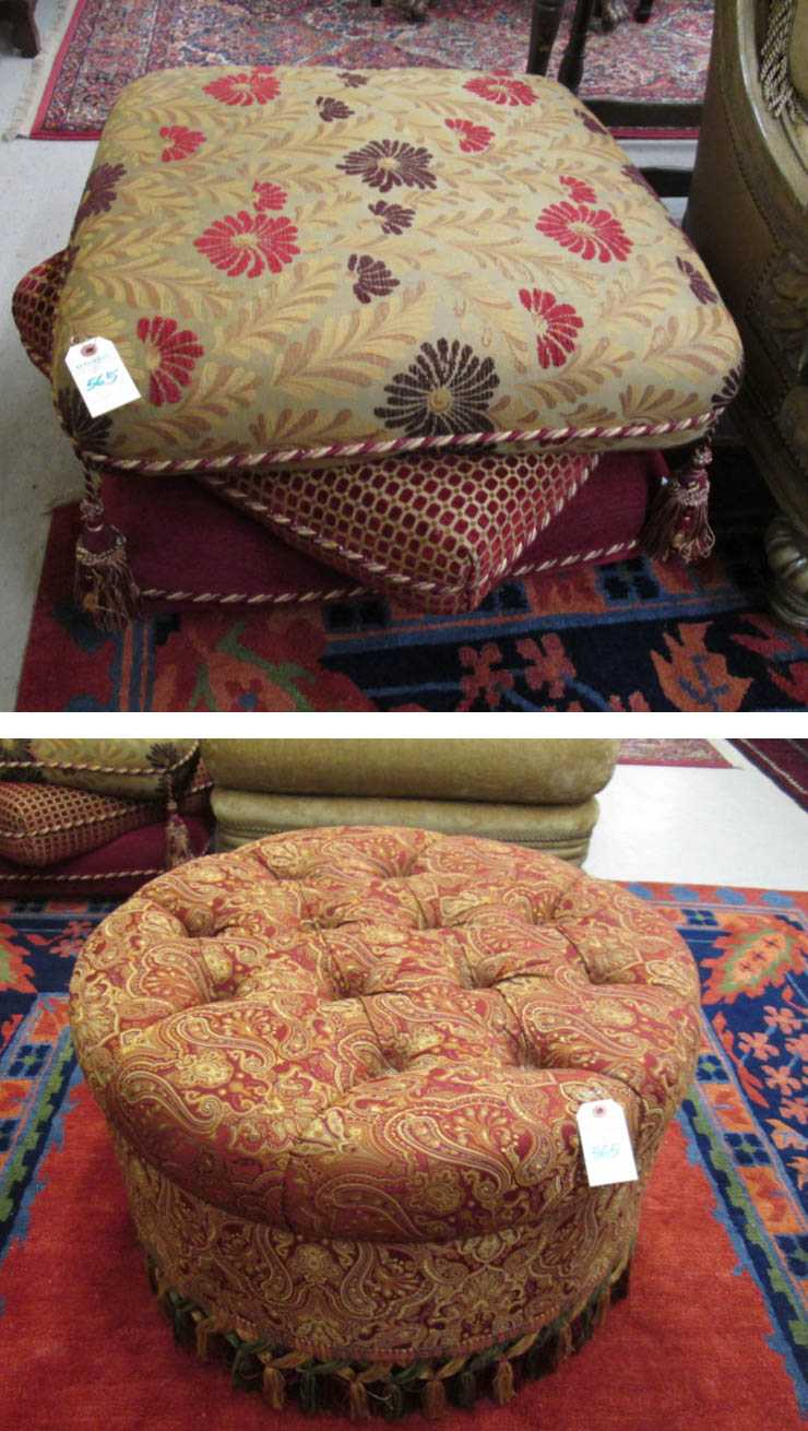 Appraisal: TWO FULLY UPHOLSTERED OTTOMANS round version with paisley upholstery and