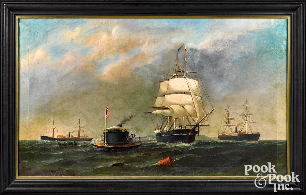 Appraisal: Alexander Stuart oil on canvas naval scene Alexander Stuart American