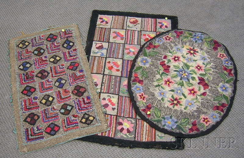 Appraisal: Three Hooked Rugs an oval floral pattern a geometric squares