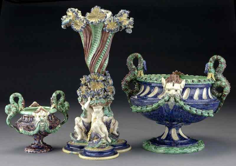 Appraisal: French majolica vases including Archille Barbizet campana vase with serpent