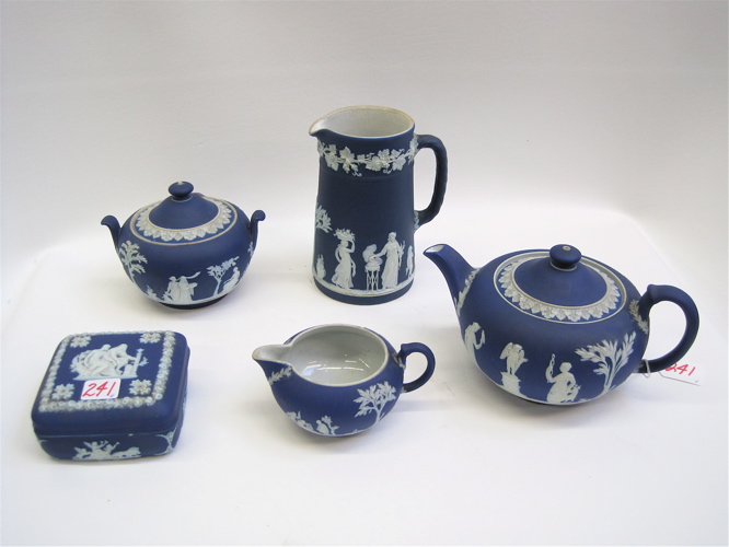 Appraisal: FIVE WEDGWOOD COBALT JASPERWARE PIECES with white classical figures including