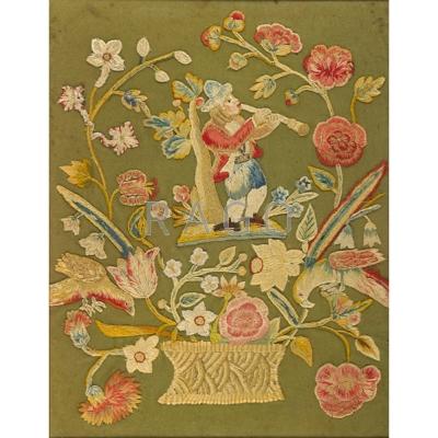 Appraisal: ENGLISH EMBROIDERED SILK STUMPWORK Two with hunters floral motif border