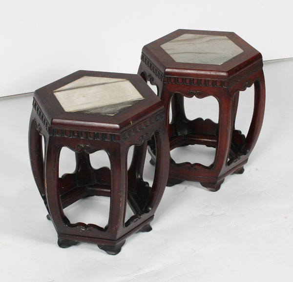 Appraisal: Pair Chinese accent tea tables six curved legs hexagonal marble